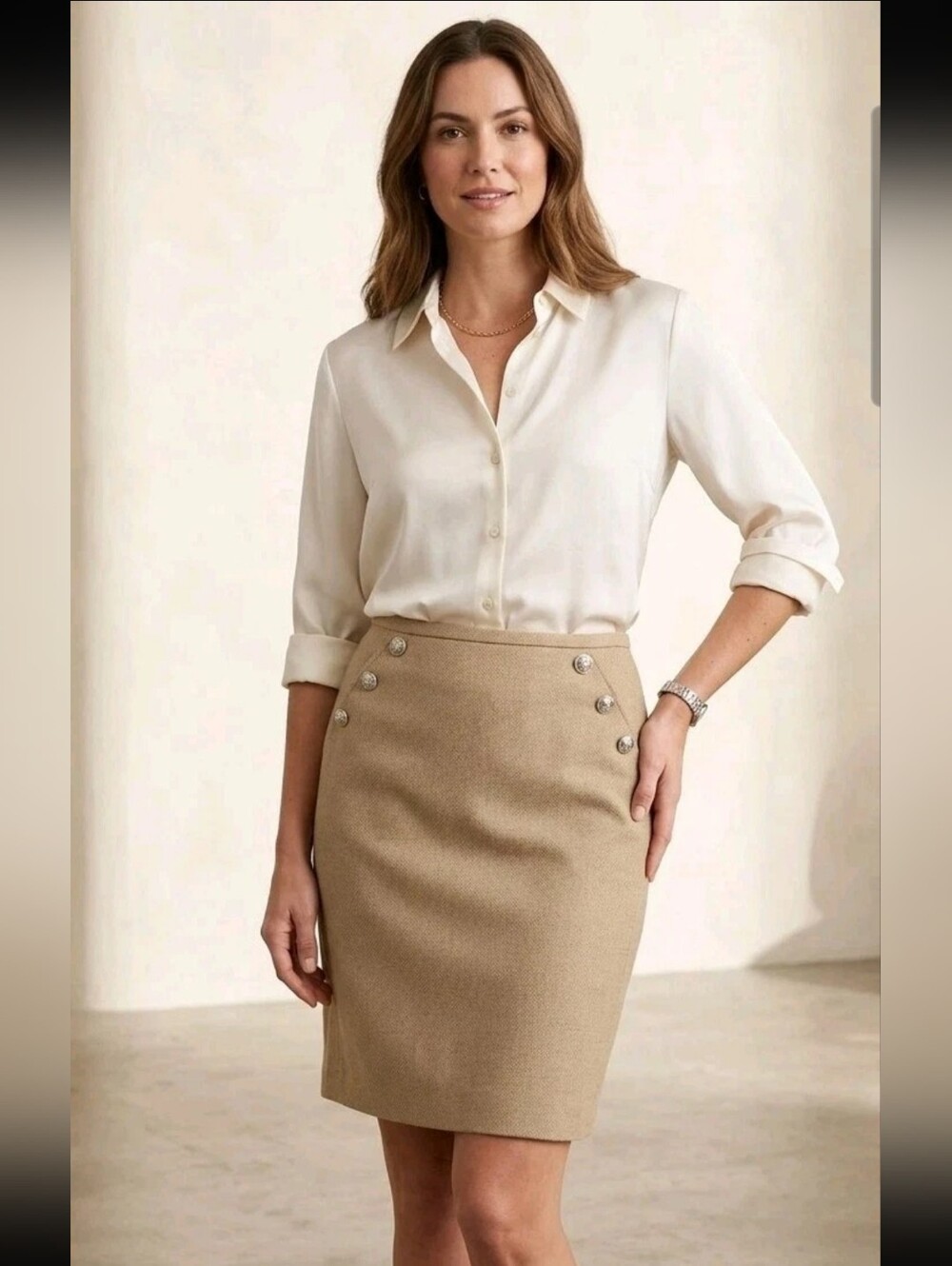 White House Black Market Tan Button-Detail Pencil Skirt
